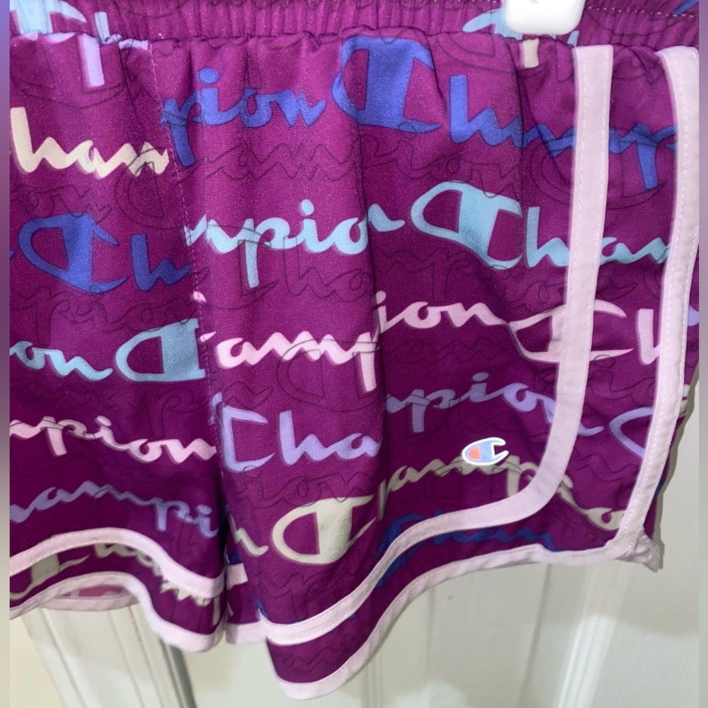 Champion Girls Purple Logo Print Athletic Running Shorts Size L 10/12 - Picture 2 of 3